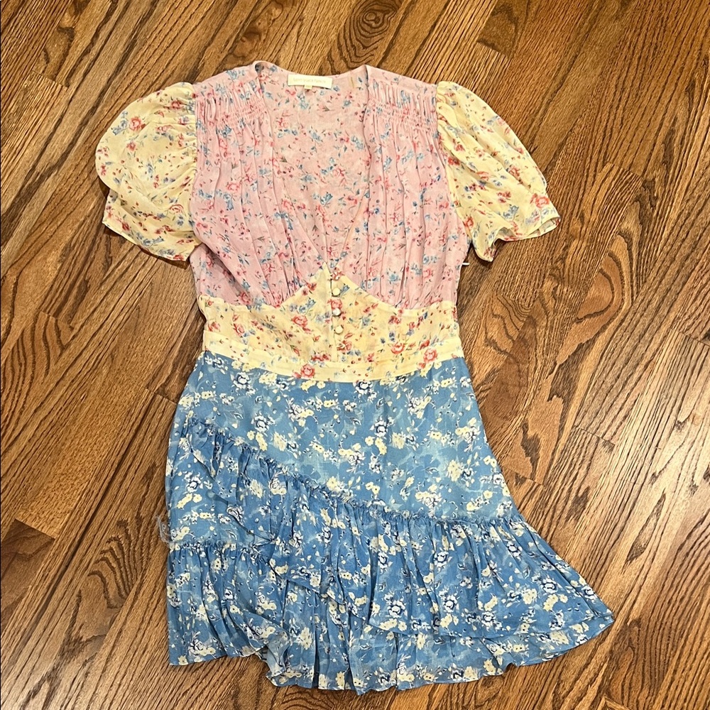 LoveShackFancy Pink and Blue Floral Mini Dress